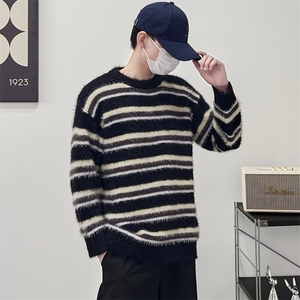 春秋新款圆领条纹海马毛薄款毛衣针织衫男女款打底衫休闲宽松图片
