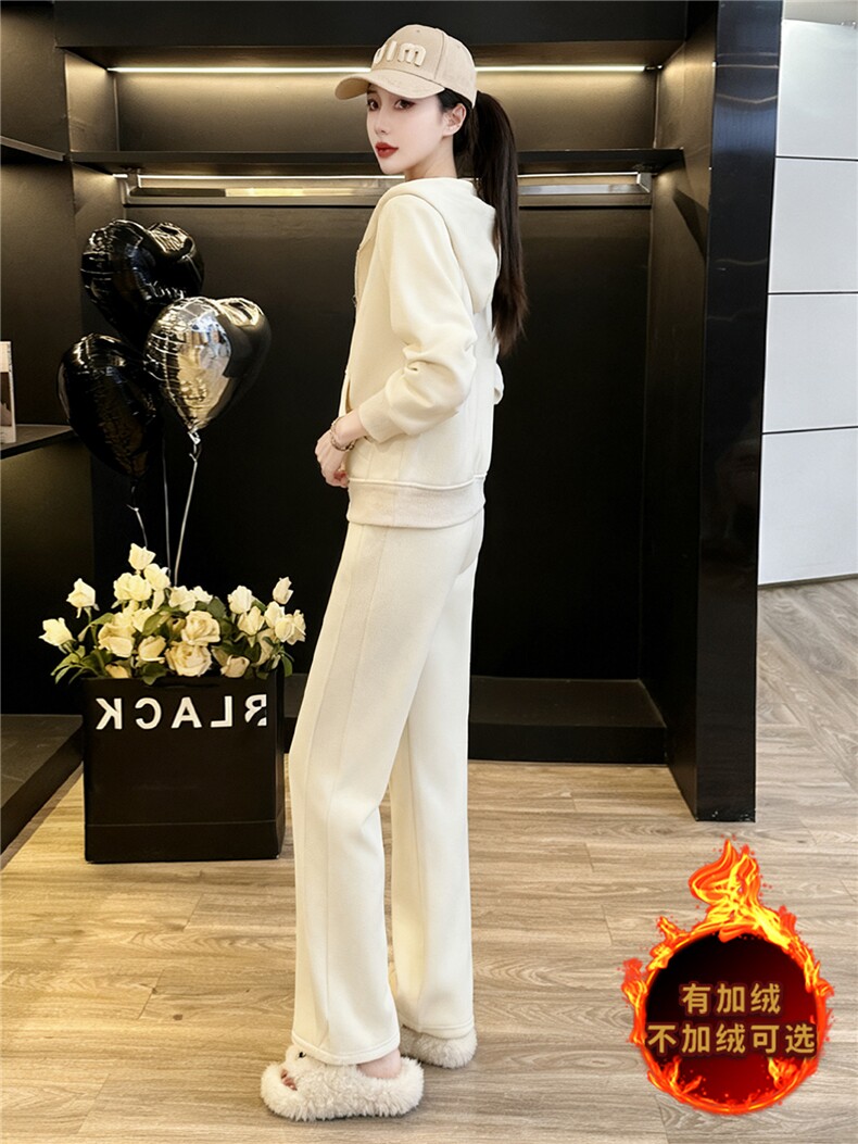 韩版开衫加绒卫衣套装女秋冬保暖新款连帽宽松上衣长裤时尚两件套,女装套装/套裙,江南