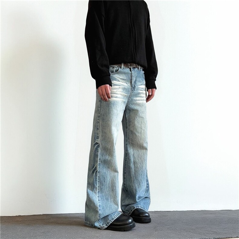 美式高街vibe风复古水洗做旧薄款闪电裂纹牛仔裤男直筒微喇宽松裤，男装牛仔裤，电商A306-2