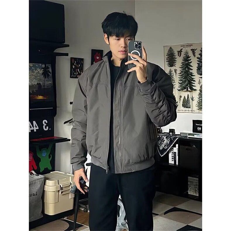 抖音得物美式潮休闲夹克春季立领纯色复古工装加厚棉服外套AMY01,男装夹克,电商A443