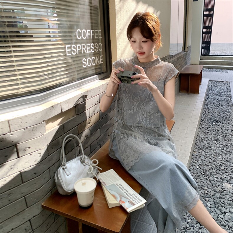 蕾丝盘扣新中式国风牛仔短裤套装女夏2025新款两件套大方得体爆款,女装套装/套裙,2C117