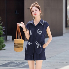 小香风时尚气质刺绣套装女2025夏新款减龄无袖衬衫阔腿短裤两件套，女装套装/套裙，意芙