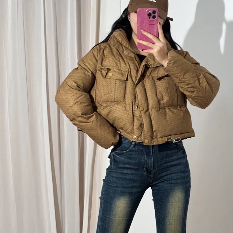 棕咖色短款羽绒服女2025冬季韩版小个子立领加厚格纹面包服外套,男装羽绒服,星座218-8
