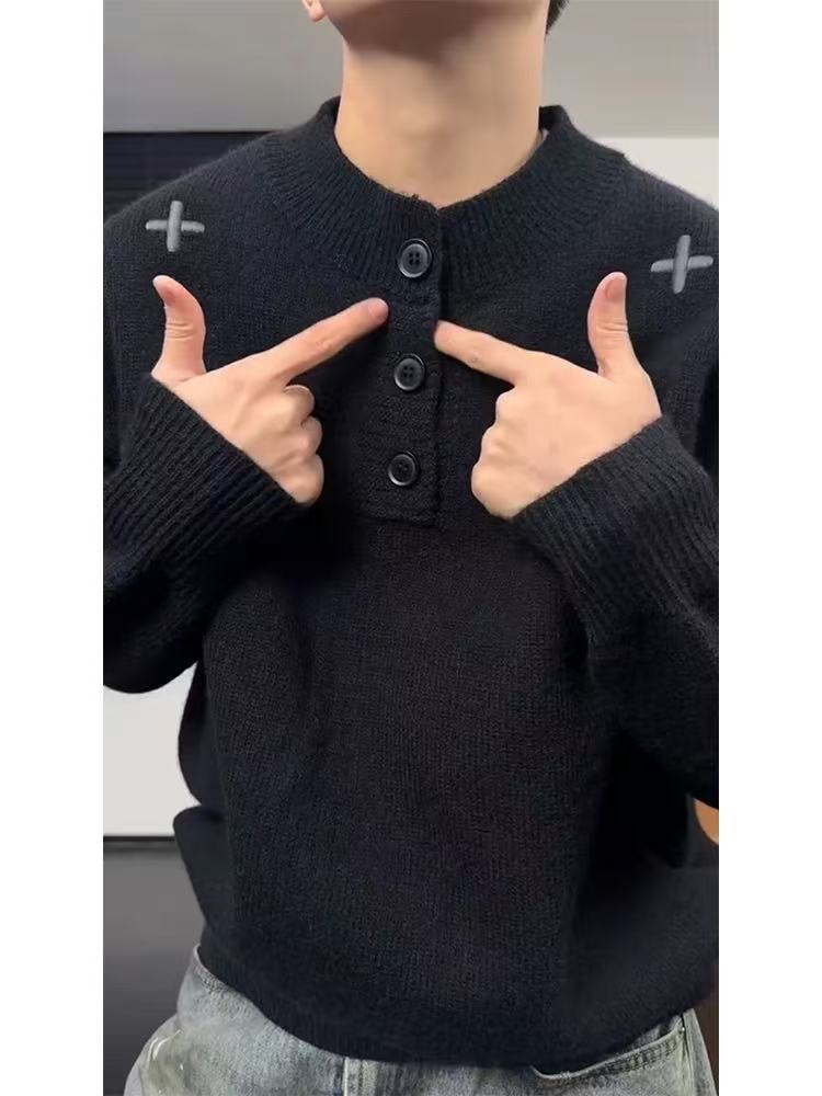 复古亨利领针织男纽扣毛衣慵懒风十字架刺绣上衣情侣款CX527P50,男装针织衫/毛衣,电商D256-3(原A064-3)