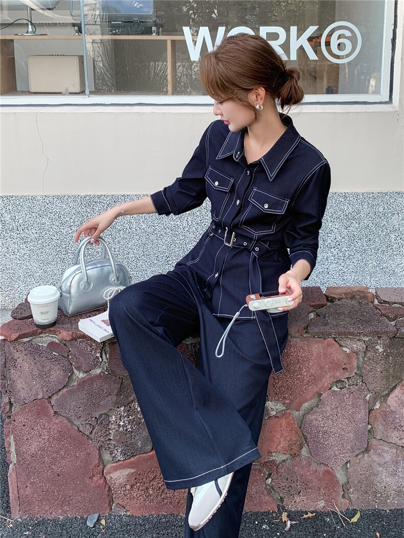 （新款现货）2026春装时尚天丝牛仔阔腿裤套装两件套（配腰带）,女装套装/套裙,印象茜