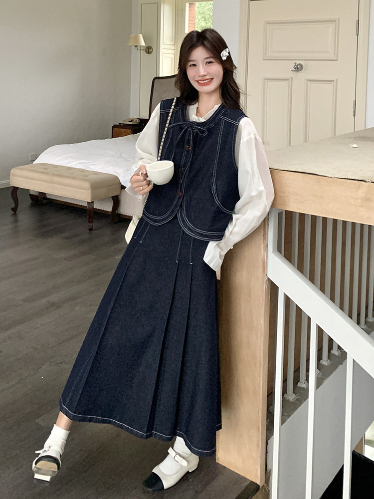 春现明线复古日系牛仔马甲连衣裙套装B190-506-P185-K258,女装套装/套裙,2B190