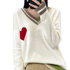 时尚百搭爱心拼接女士羊毛衫V领宽松显瘦毛衣，女装羊毛衫，莺澜羊绒
