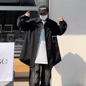 春夏日系宽松嘻哈衬衣港风DK制服外套黑色长袖衬衫男S35-P40图片