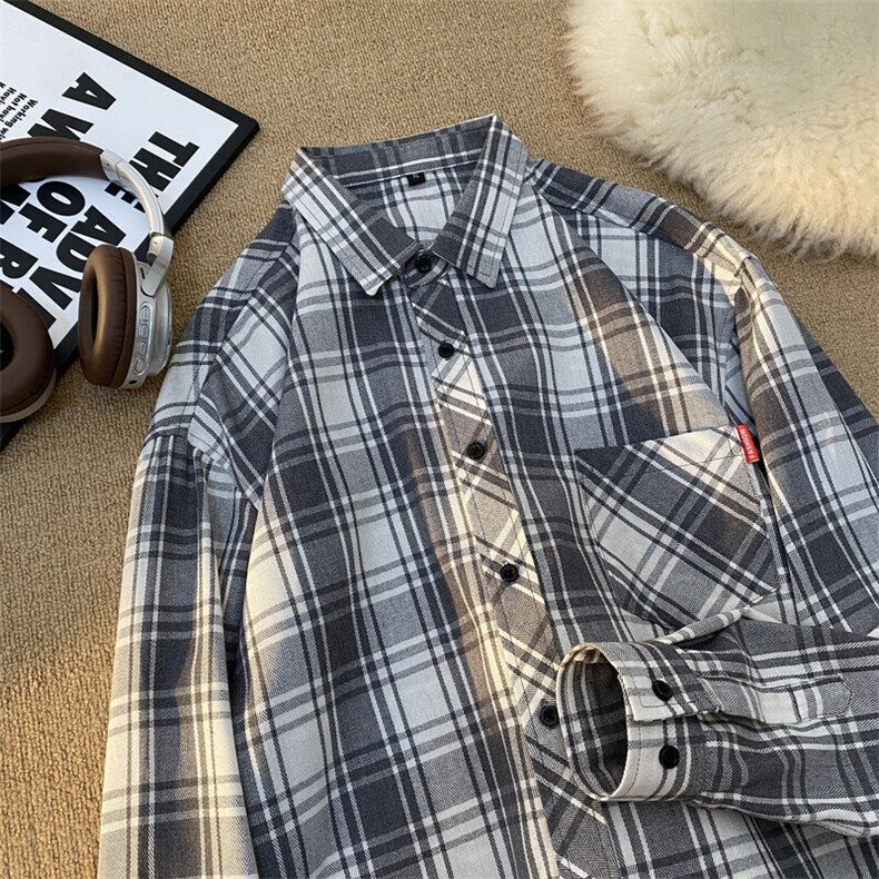 25年春季格子衬衫长袖大码宽松落肩现货DS-C323-1-2108-特批28，男装衬衫，电商C323-1