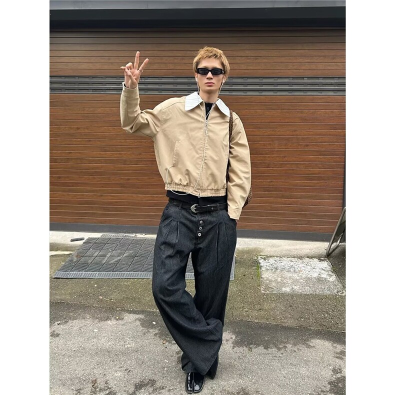 流石男装复古水洗宽松门襟排扣裤子2025秋季新款直筒阔腿牛仔长裤,男装休闲裤,星座516A