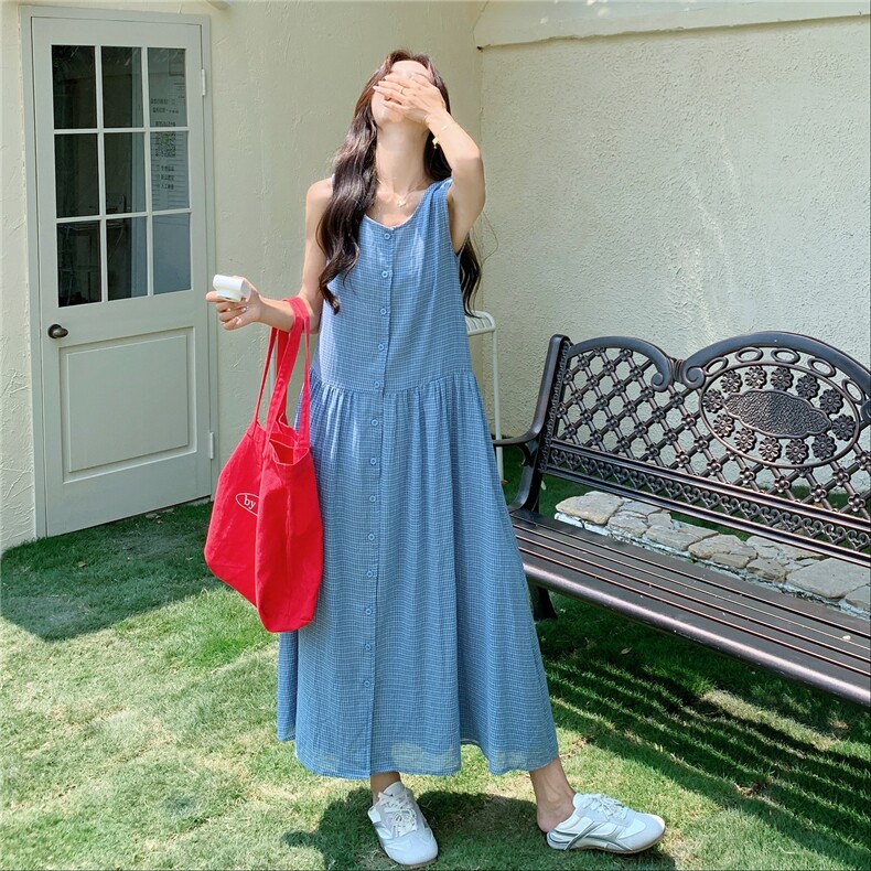 蓝色小清新格纹连衣裙女夏季2025新款元气少女感宽松减龄背心长裙,女装连衣裙,2C375