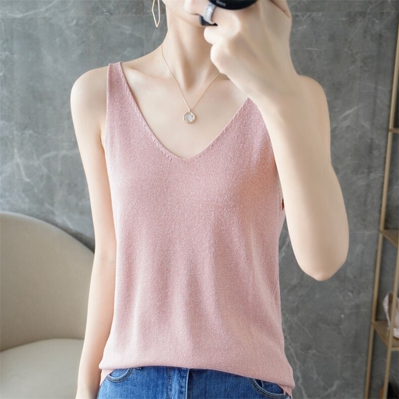 夏季新款亮丝吊带背心女V领套头宽松打底衫内搭外穿简约无袖美背，女装背心吊带，暖姿羊绒