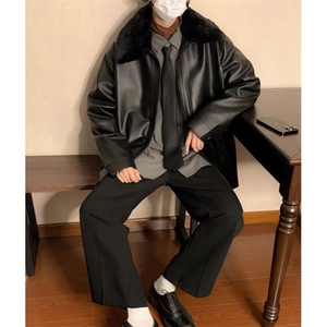 冬季潮皮衣男翻领潮流纯色新款休闲加绒毛领皮衣JK10P80图片