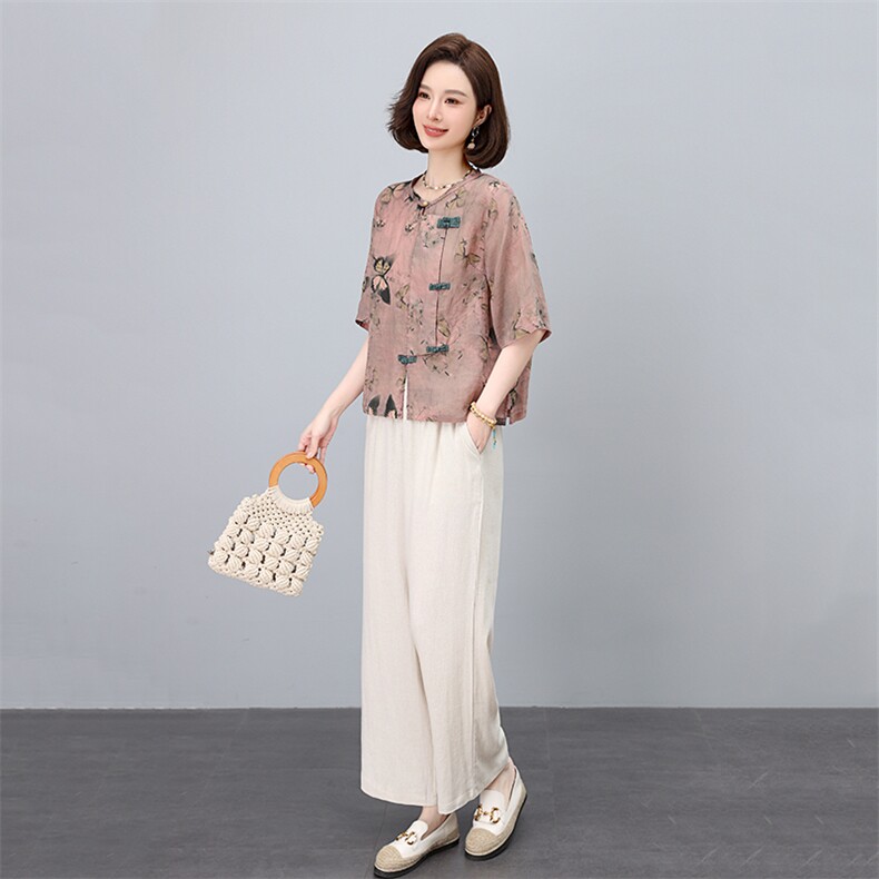中式复古盘扣苎麻印花2025年夏装新款高端面料套装,女装套装/套裙,凝聚力