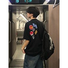 美式复古刺绣字母勋章潮牌重磅圆领短袖T恤宽松百搭半袖衫男女，男装T恤，星座505-2（原电商A260-1)
