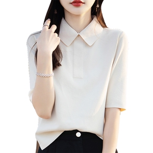摩登都市风法式复古polo领翻领五分袖针织衫冰丝中袖t恤短袖上衣图片