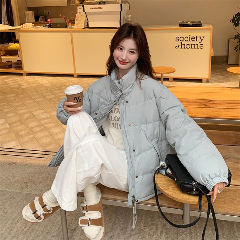 浅蓝色短款羽绒服女2024冬季新款韩系高级感休闲保暖白鸭绒面包服,女装羽绒服,2C129