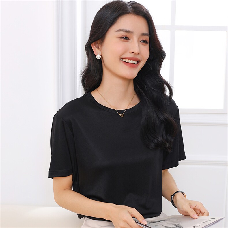 2025夏季新款醋酸缎面圆领套头短袖女士纯色简约气质丝滑透气T恤,女装T恤,伊绒腾羊绒