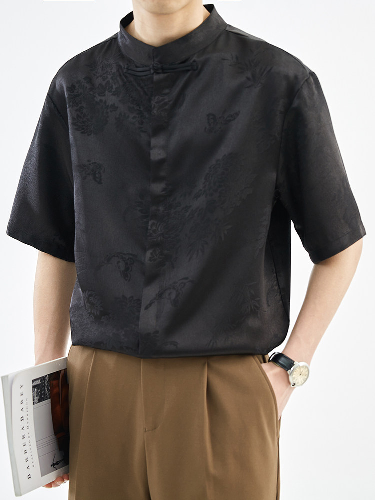 抖音夏季新中式风立领竹叶短袖衬衫男冰丝衬衣A236-0861-P55,男装衬衫,电商A236