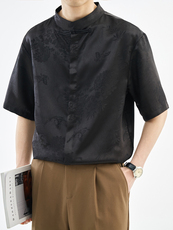 抖音夏季新中式风立领竹叶短袖衬衫男冰丝衬衣A236-0861-P55，男装衬衫，电商A236