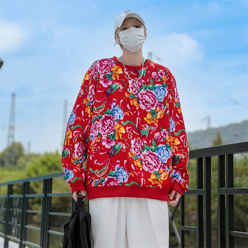 B203圆领大花卫衣大码男女新中式汉服团队表演出饭店火锅店情侣潮图片