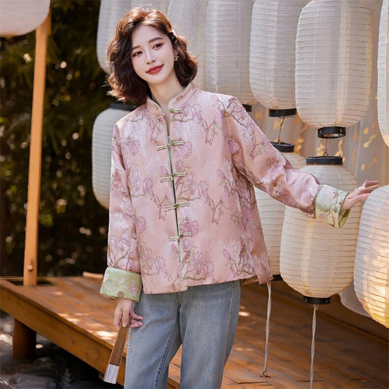 粉色新中式羽绒服女冬新款小个子复古盘扣刺绣白鸭绒外套,女装羽绒服,水衣源