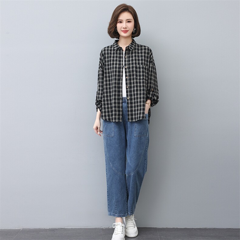 时尚格子长袖衬衫女宽松显瘦百搭上衣外套，女装衬衫，叶笙衣