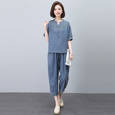 夏季薄款牛仔套装女2025新款时尚宽松中年妈妈显瘦洋气减龄两件套，女装套装/套裙，悦见她