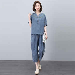 夏季薄款牛仔套装女2025新款时尚宽松中年妈妈显瘦洋气减龄两件套图片