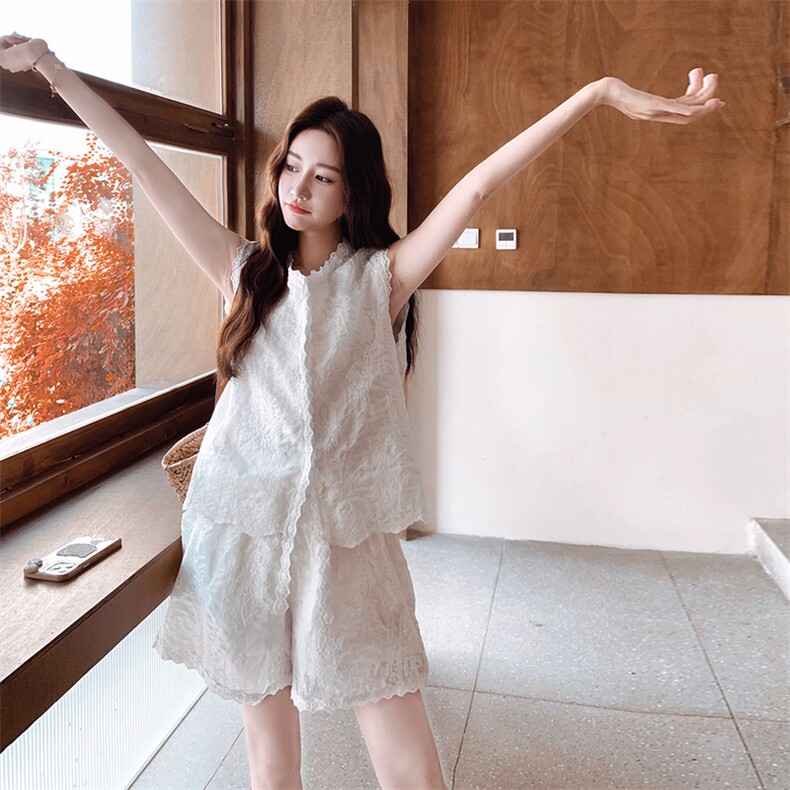 白色轻薄蕾丝马甲短裤套装女2025夏季新款小个子巨好看穿搭一整套,女装套装/套裙,浙宝217