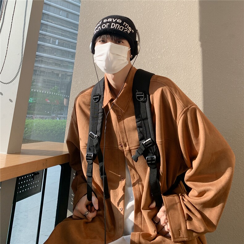 港风 咖啡厅麂皮绒长袖翻领衬衫 S70 P48控68图片