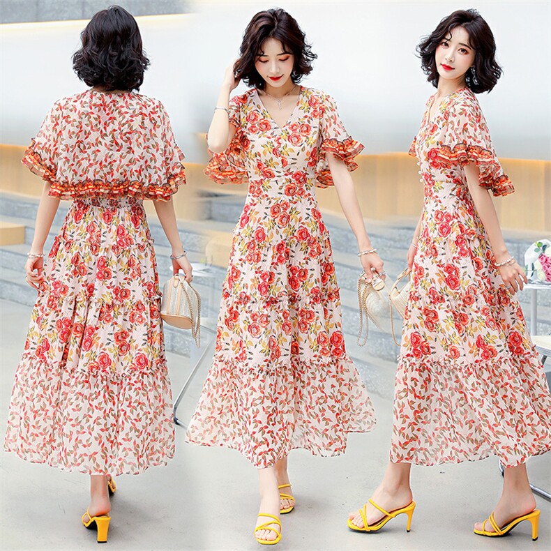 碎花连衣裙中长款女2024年夏季新款收腰显瘦蚕丝皱气质淑女印花裙，女装连衣裙，妙形
