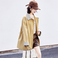 2025春装新款时尚潮流百搭长袖中长款风衣撞色拼接翻领抽绳外套女，女装风衣，姿萝菲