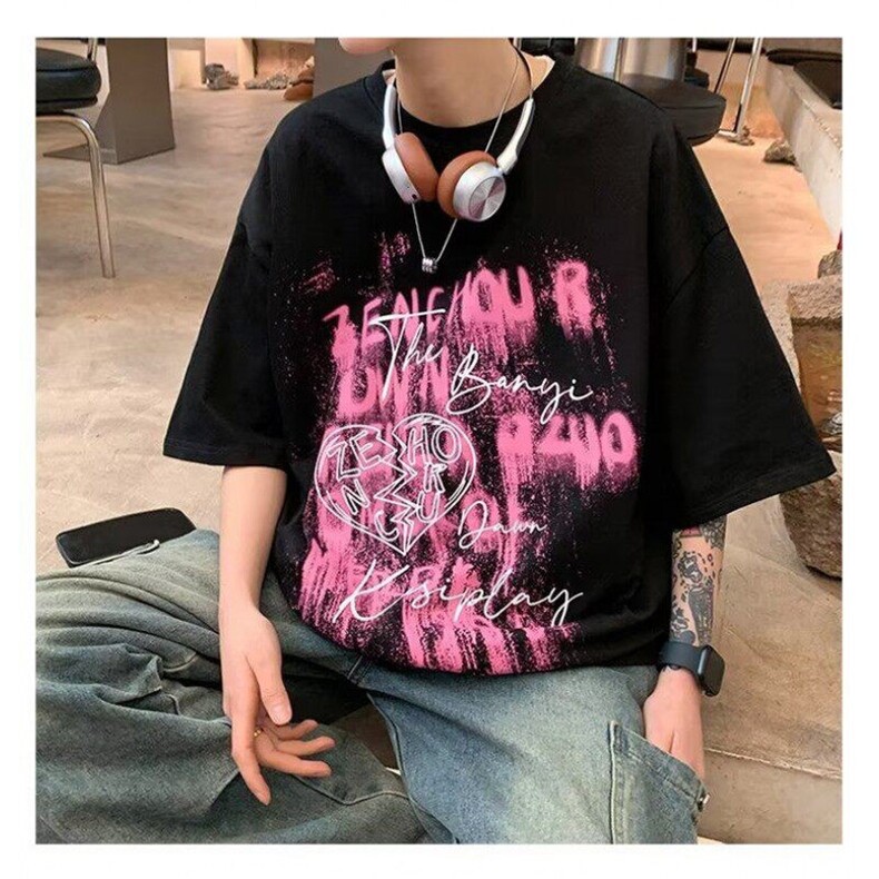 美式纯棉短袖T恤男士夏季2025新款宽松潮牌帅气休闲五分袖上衣服图片