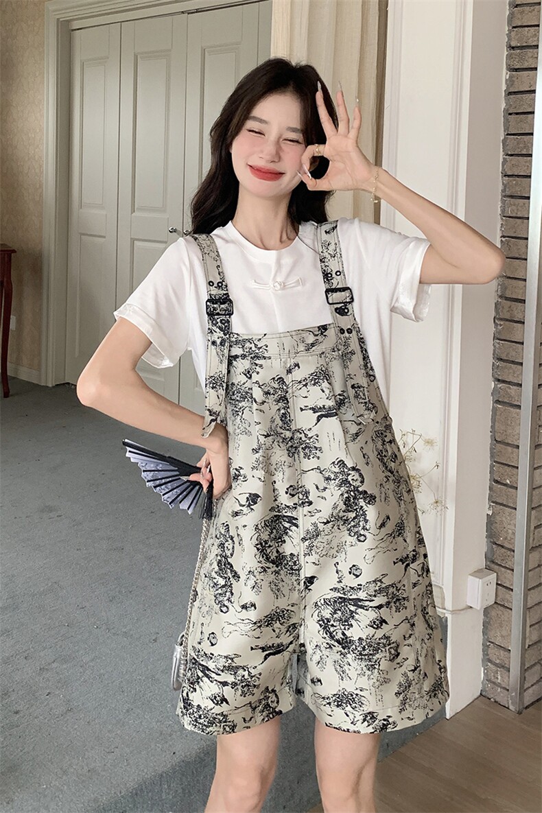 国风水墨画背带短裤套装女2025夏季新款时尚减龄小个子T恤两件套,女装套装/套裙,慧尚2-185