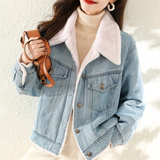 现货2023冬季加绒加厚皮毛一体牛仔派克服女宽松大口袋撞色棉衣，女装派克服，梦懿尔