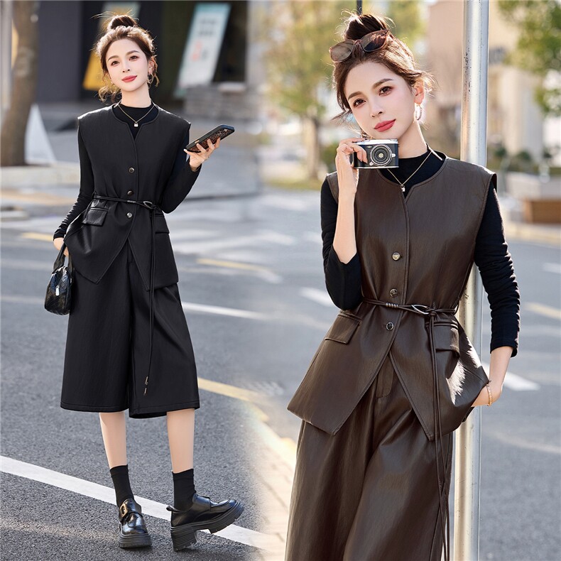 现货皮衣三件套女2026年春季新款时尚气质马甲七分马裤内搭三件套,女装套装/套裙,关键词