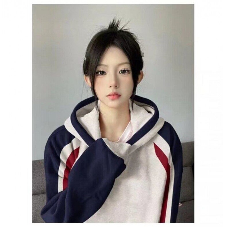 今年流行新款美式撞色连帽卫衣女慵懒风加绒秋冬款潮牌高级感外套,男装卫衣,星座506A