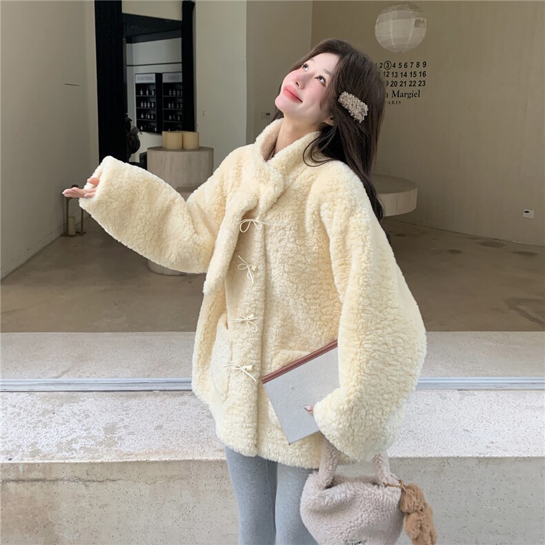 奶fufu黄色羊羔毛外套女2025年冬季新款超好看小个子加绒加厚棉服,女装皮草,2C056