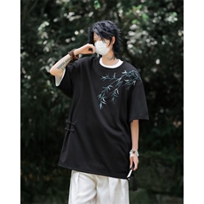 新中式竹子刺绣T恤短袖男夏季圆领风满天星垂感刺绣包边T5500，男装T恤，星座1116A-1（原606A）