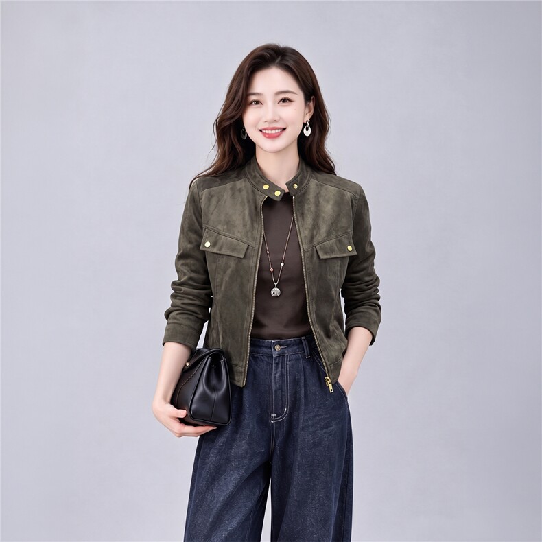 麂皮绒短外套女秋季纯色时尚外套，女装短外套，曼沙奕珂