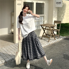 学院风字母T恤格子半身裙套装女2025夏新款韩系休闲小个子两件套，女装套装/套裙，2C166