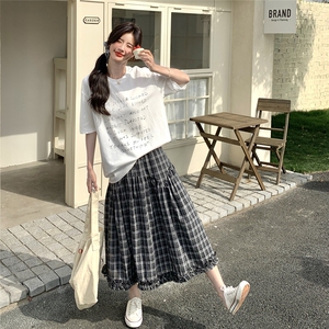 学院风字母T恤格子半身裙套装女2025夏新款韩系休闲小个子两件套图片
