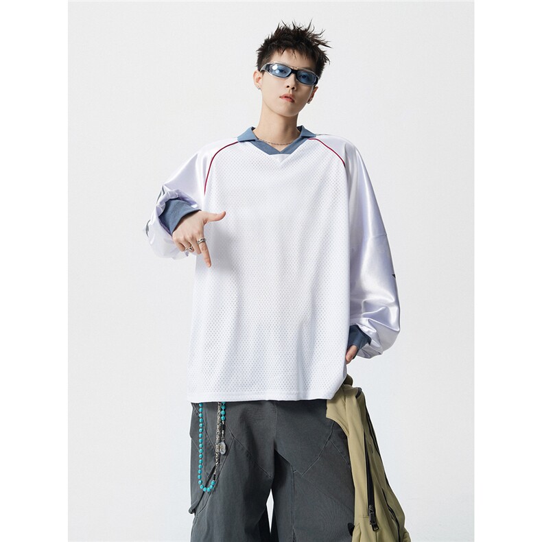 可二开美式POLO衫大码M-5XL拼接V领球衣长袖T恤男CX78111P45控69，男装Polo衫，星座227-7