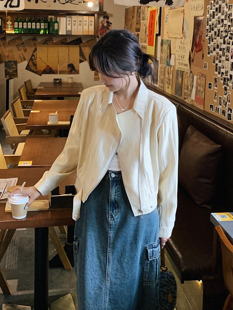 休闲短外套女2025春秋新款百搭气质显瘦韩版斜拉链夹克上衣米白色,女装短外套,鑫慧