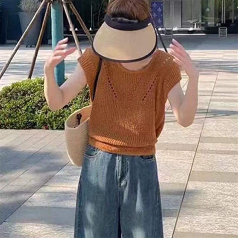 夏季新款时尚百搭系带款镂空冰丝短袖女,女装T恤,萱芳婷羊绒