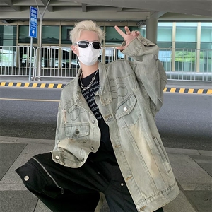 美式破洞牛仔外套男春秋小众痞帅夹克高街vibe工装外套1488-p79图片