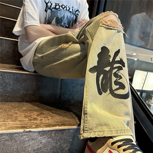 k1079-p55-控78 M-5XL 现货oversize cleanfit显瘦黄泥牛仔裤破洞图片