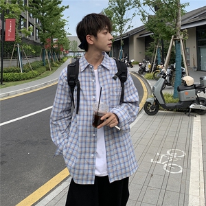 B413-1-DX882秋季新款格子衬衫男女潮流休闲百搭宽松复古长袖衬衣图片