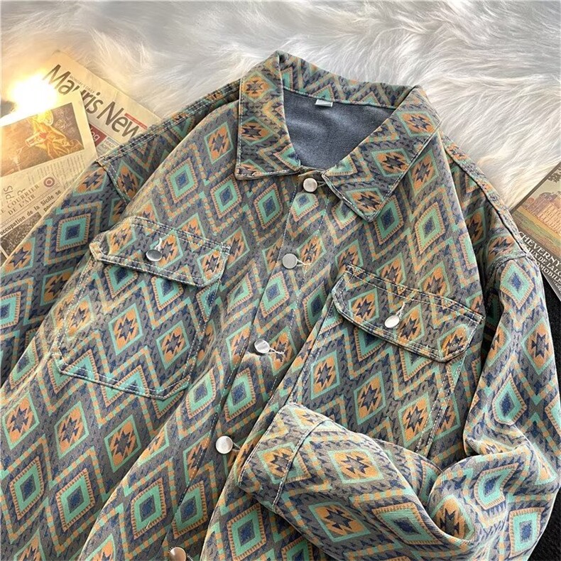 美式vintage牛仔衬衫男秋季高级感痞帅巴洛克衬衣夹克W038P65图片